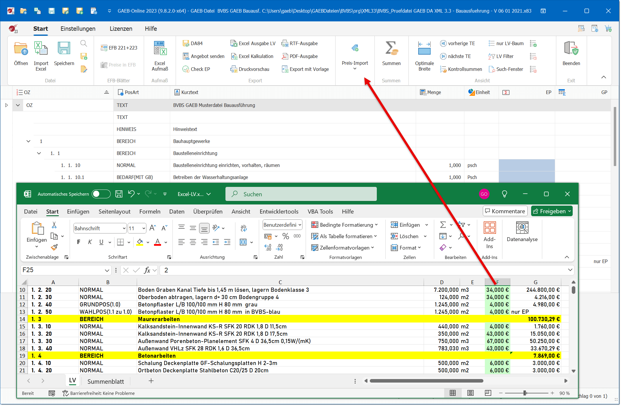 Angebotspreise importieren Excel Import in GAEB-Online 2025